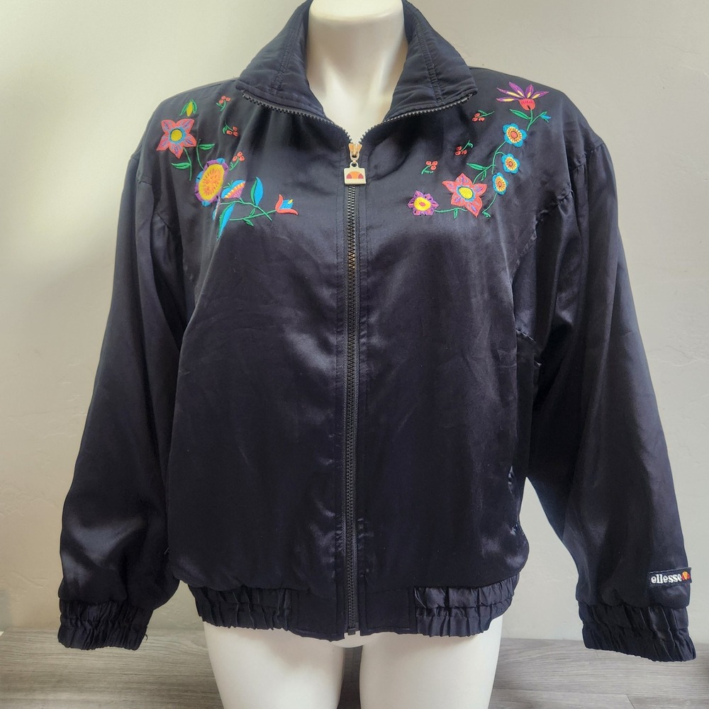 Vintage Ellesse Floral Embroidered Track Club Jacket Size S Black 90s Y2K Lined